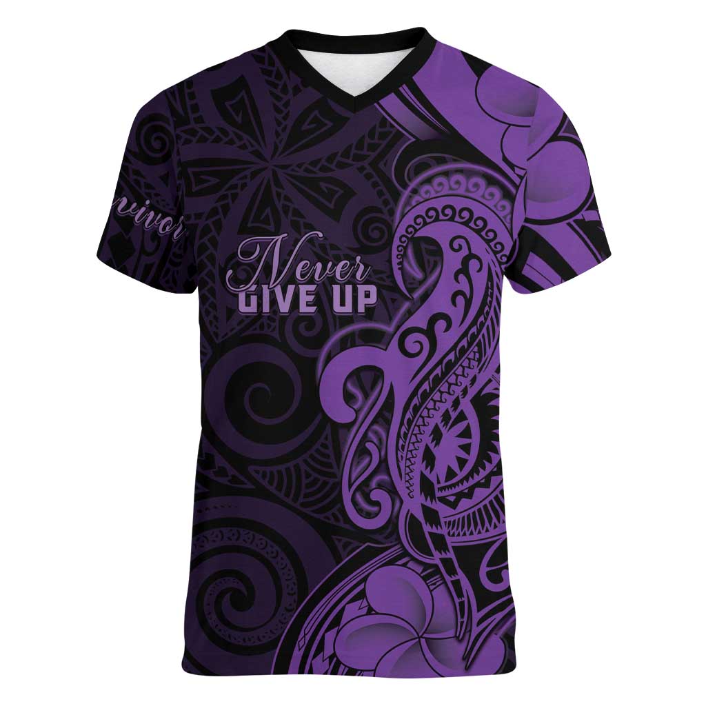 Personalised Lupus Warrior Women V-Neck T-Shirt Never Give Up Polynesian Style LT05 Female Purple - Polynesian Pride
