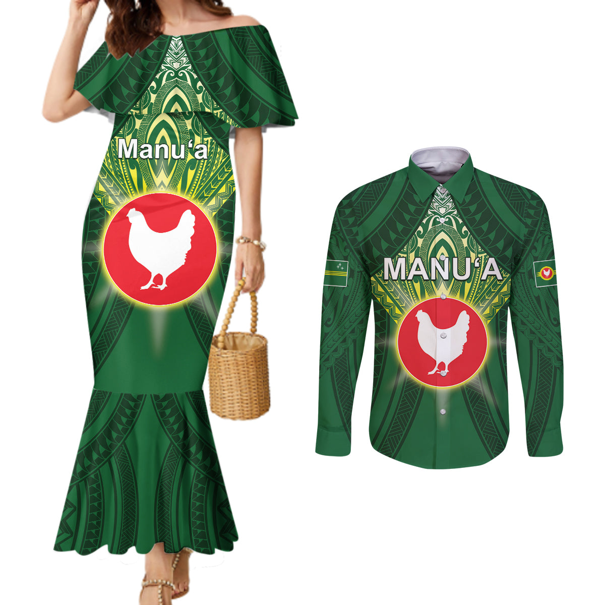 Personalized American Samoa Manu'a Cession Day Couples Matching Mermaid Dress and Long Sleeve Button Shirt With Polynesian Pattern