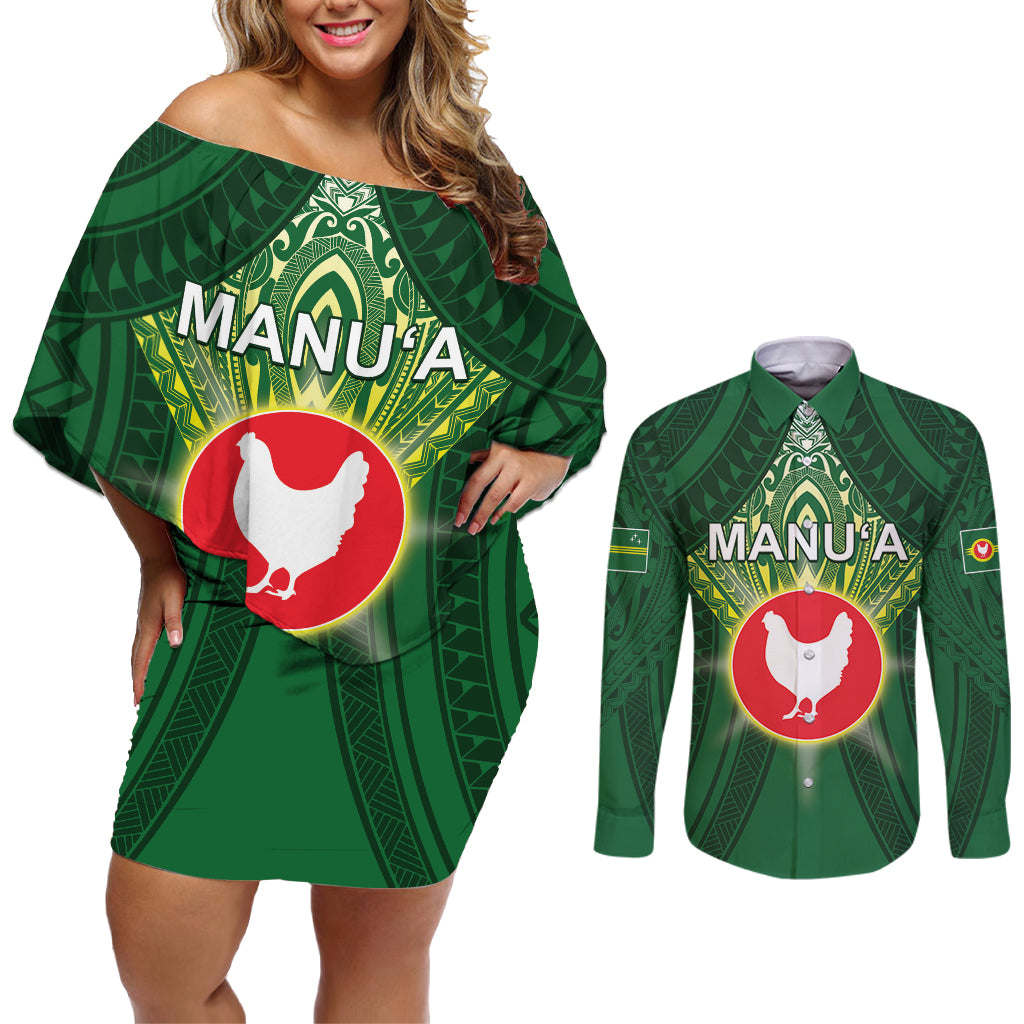 Personalized American Samoa Manu'a Cession Day Couples Matching Off Shoulder Short Dress and Long Sleeve Button Shirt With Polynesian Pattern