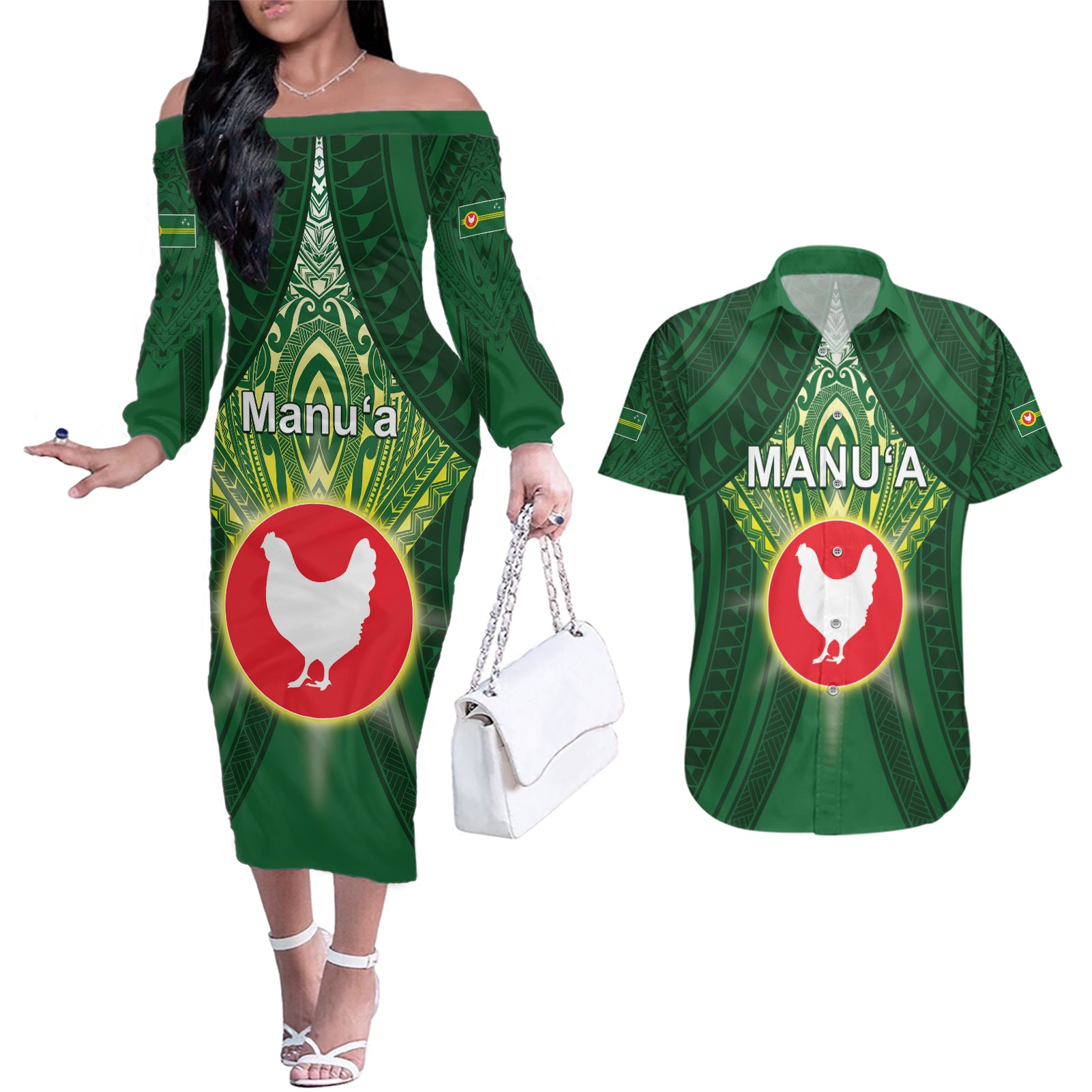 Personalized American Samoa Manu'a Cession Day Couples Matching Off The Shoulder Long Sleeve Dress and Hawaiian Shirt With Polynesian Pattern