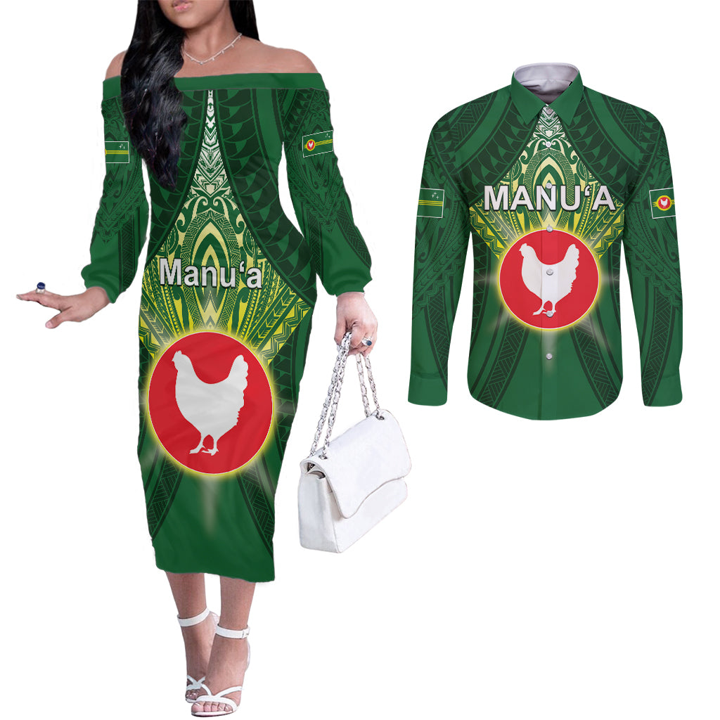 Personalized American Samoa Manu'a Cession Day Couples Matching Off The Shoulder Long Sleeve Dress and Long Sleeve Button Shirt With Polynesian Pattern