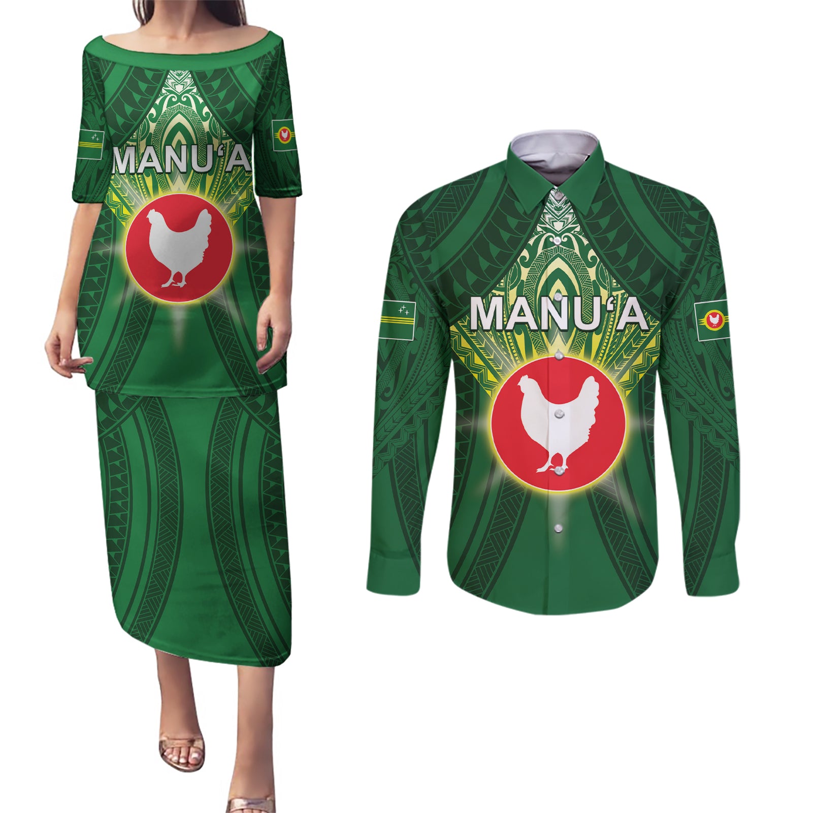 Personalized American Samoa Manu'a Cession Day Couples Matching Puletasi and Long Sleeve Button Shirt With Polynesian Pattern