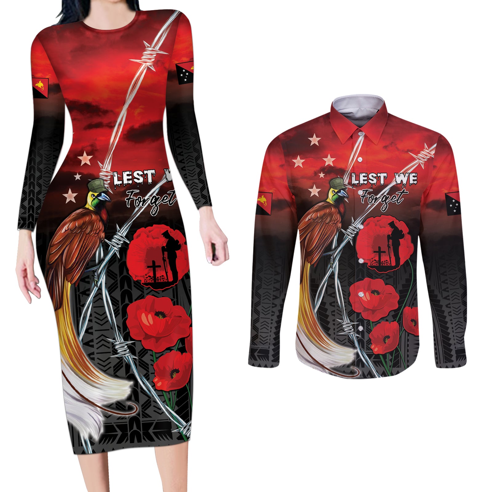 Papua New Guinea Remembrance Day Couples Matching Long Sleeve Bodycon Dress and Long Sleeve Button Shirt Lest We Forget LT05 Red - Polynesian Pride