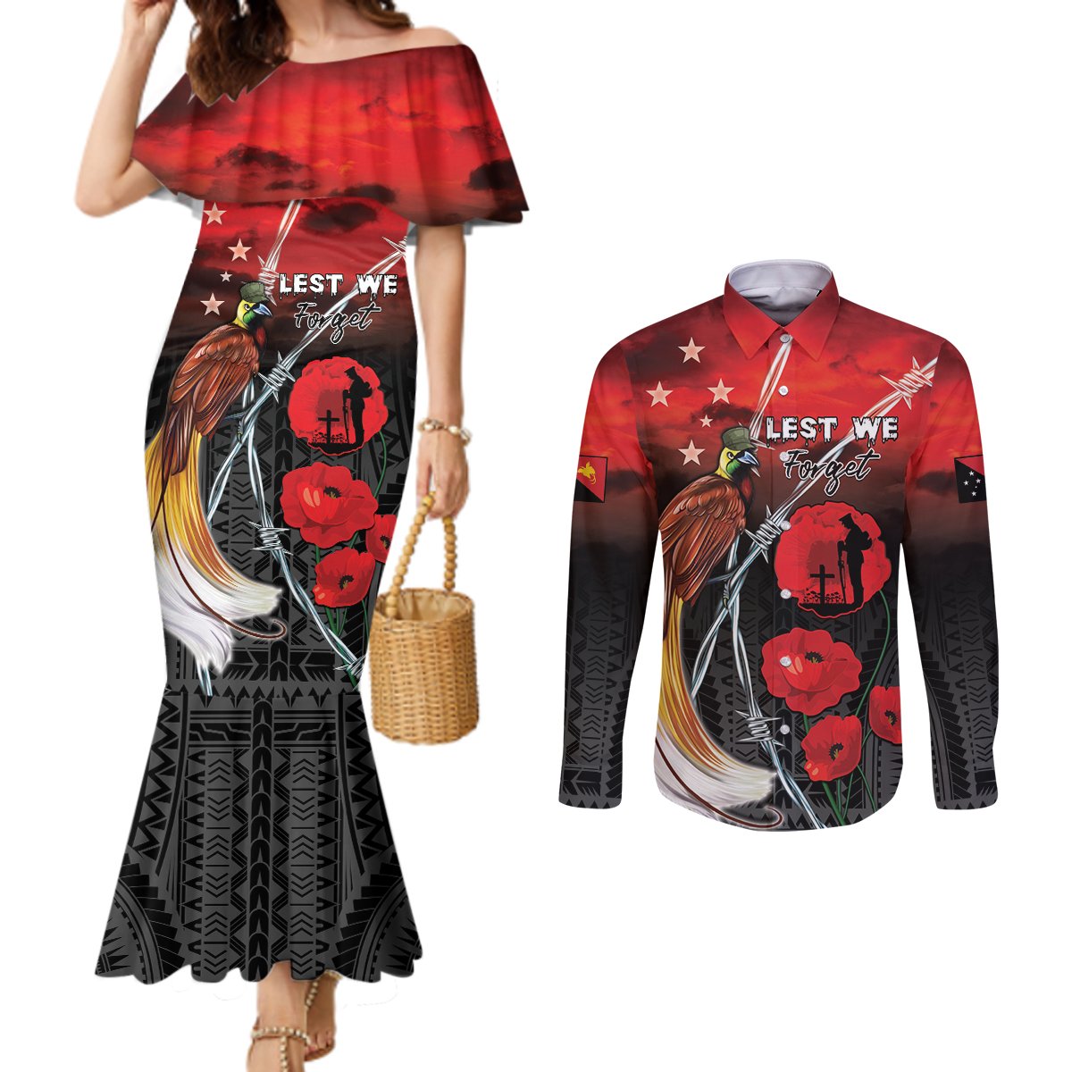 Papua New Guinea Remembrance Day Couples Matching Mermaid Dress and Long Sleeve Button Shirt Lest We Forget LT05 Red - Polynesian Pride