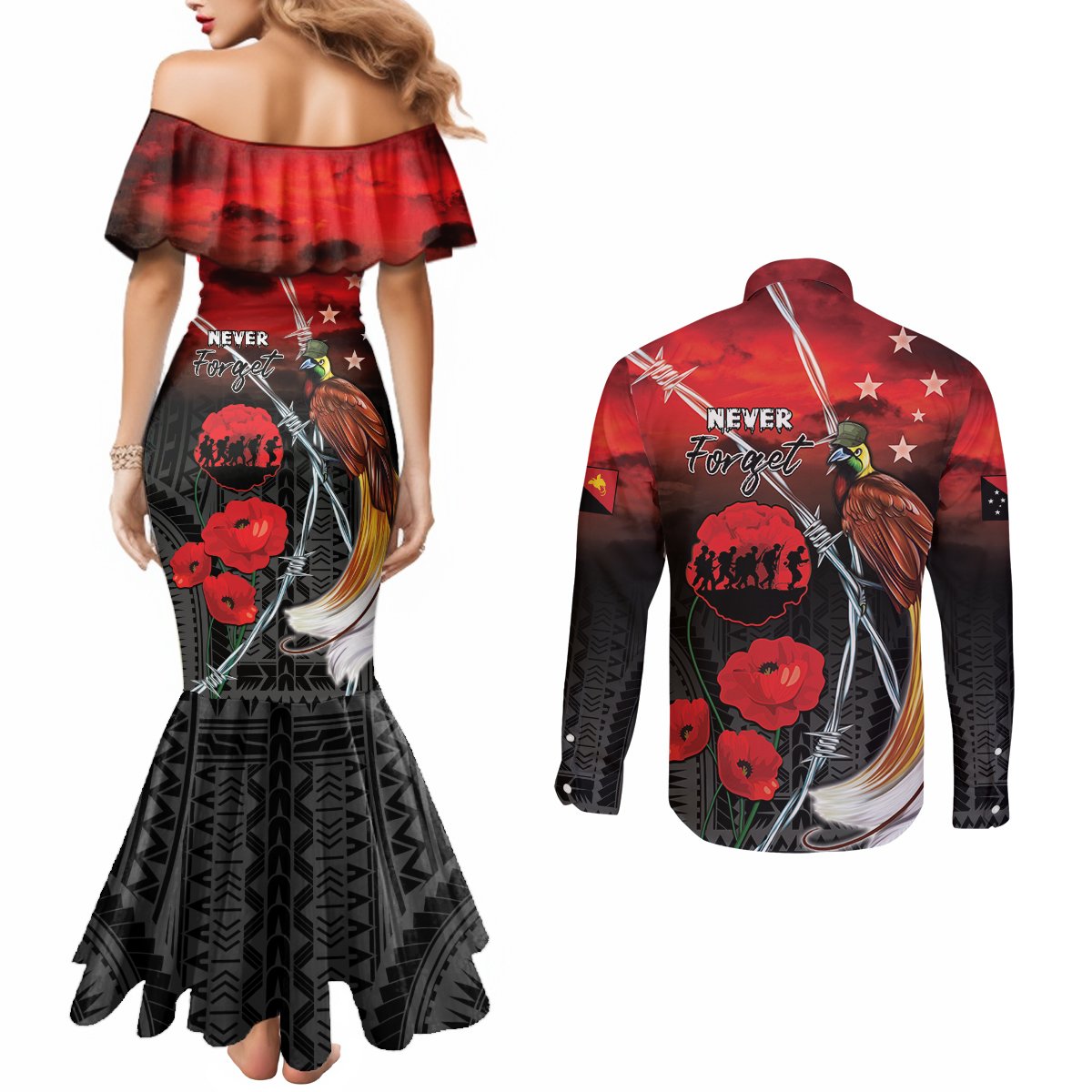Papua New Guinea Remembrance Day Couples Matching Mermaid Dress and Long Sleeve Button Shirt Lest We Forget LT05 - Polynesian Pride