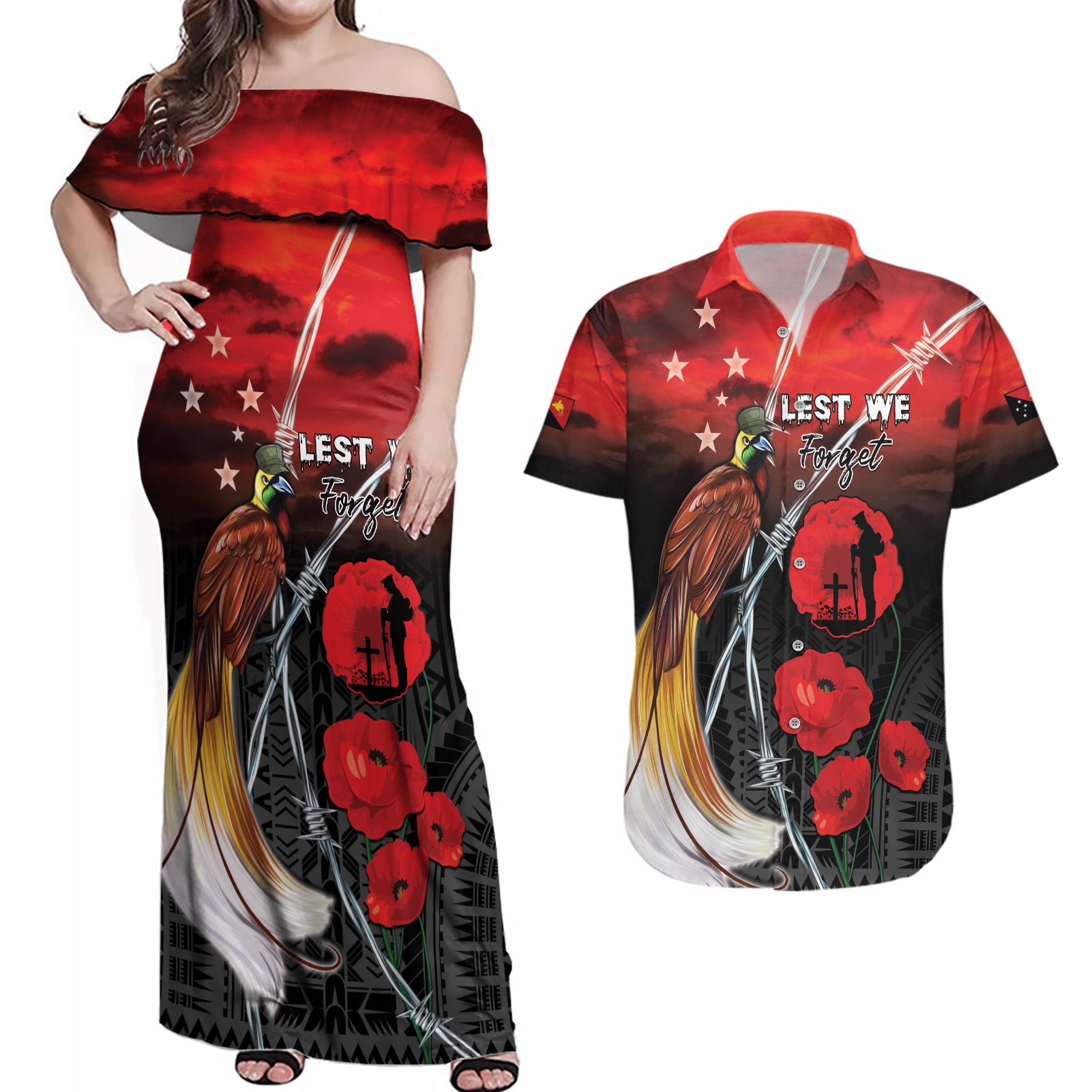 Papua New Guinea Remembrance Day Couples Matching Off Shoulder Maxi Dress and Hawaiian Shirt Lest We Forget