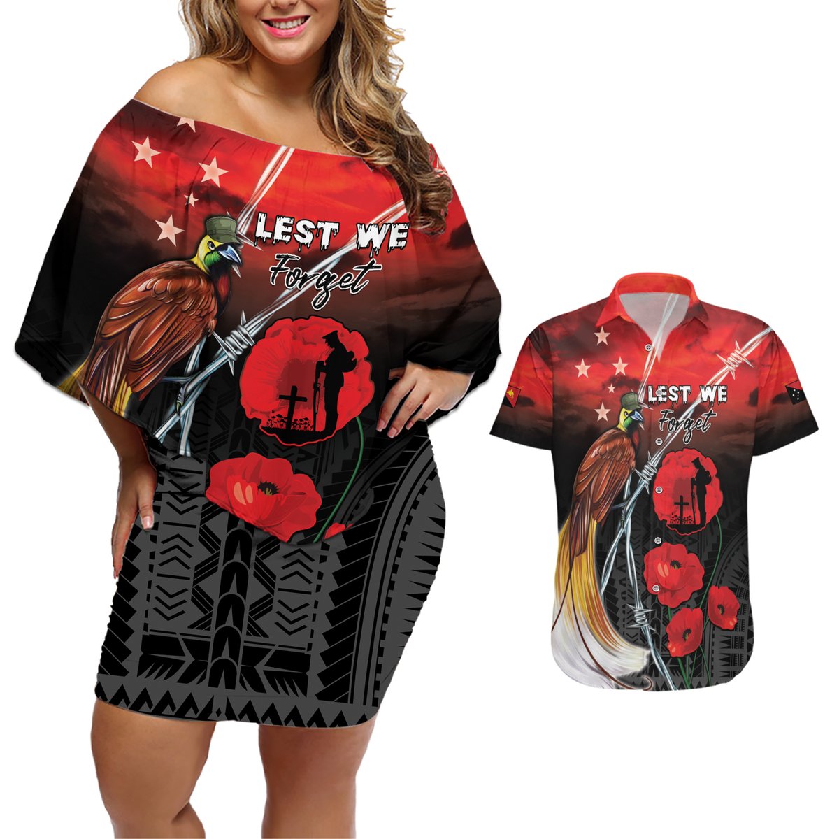 Papua New Guinea Remembrance Day Couples Matching Off Shoulder Short Dress and Hawaiian Shirt Lest We Forget LT05 Red - Polynesian Pride