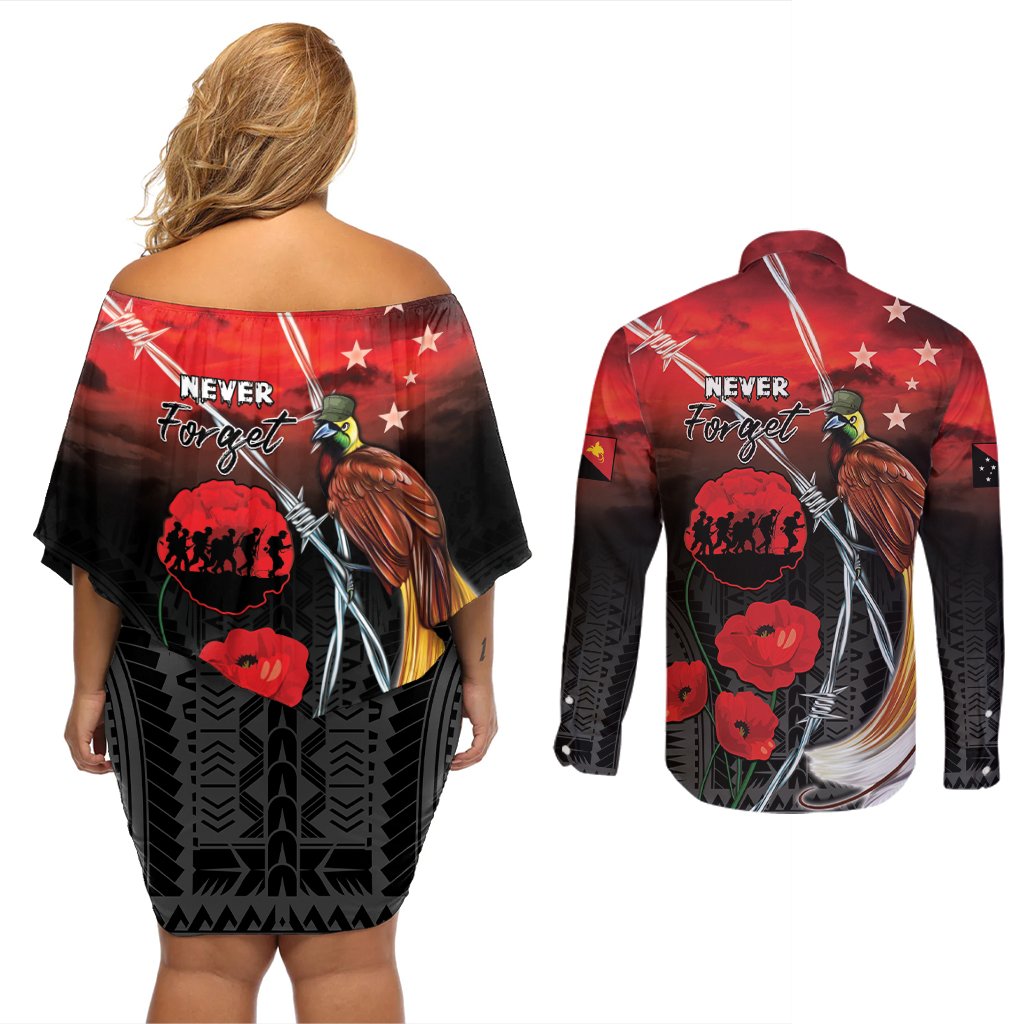 Papua New Guinea Remembrance Day Couples Matching Off Shoulder Short Dress and Long Sleeve Button Shirt Lest We Forget LT05 - Polynesian Pride