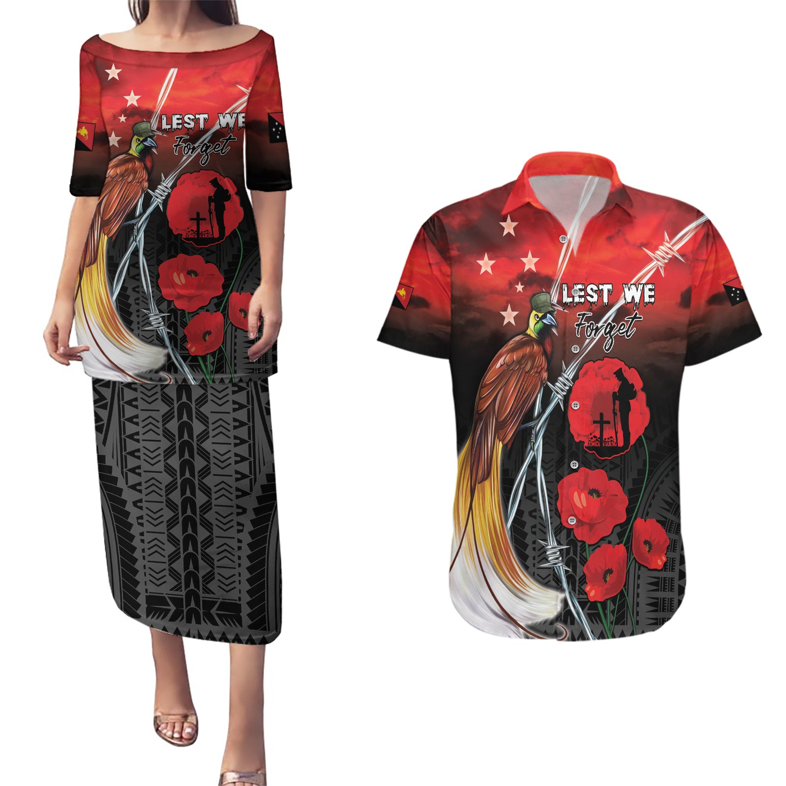 Papua New Guinea Remembrance Day Couples Matching Puletasi and Hawaiian Shirt Lest We Forget LT05 Red - Polynesian Pride