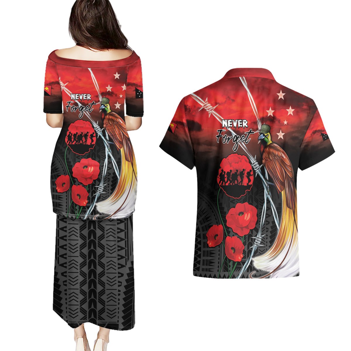 Papua New Guinea Remembrance Day Couples Matching Puletasi and Hawaiian Shirt Lest We Forget LT05 - Polynesian Pride
