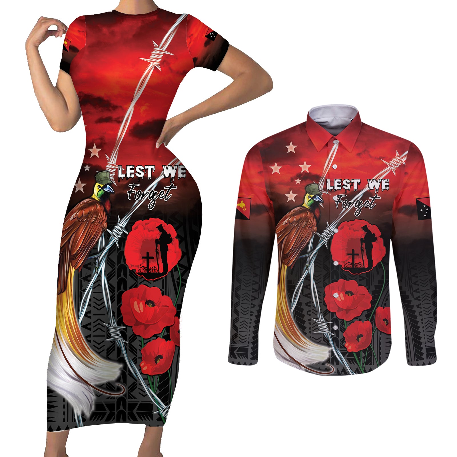 Papua New Guinea Remembrance Day Couples Matching Short Sleeve Bodycon Dress and Long Sleeve Button Shirt Lest We Forget LT05 Red - Polynesian Pride