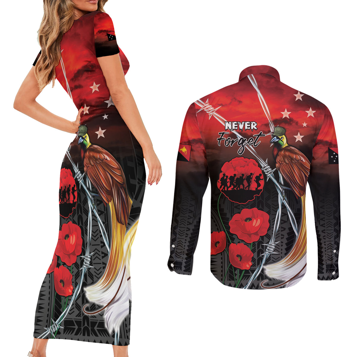 Papua New Guinea Remembrance Day Couples Matching Short Sleeve Bodycon Dress and Long Sleeve Button Shirt Lest We Forget LT05 - Polynesian Pride