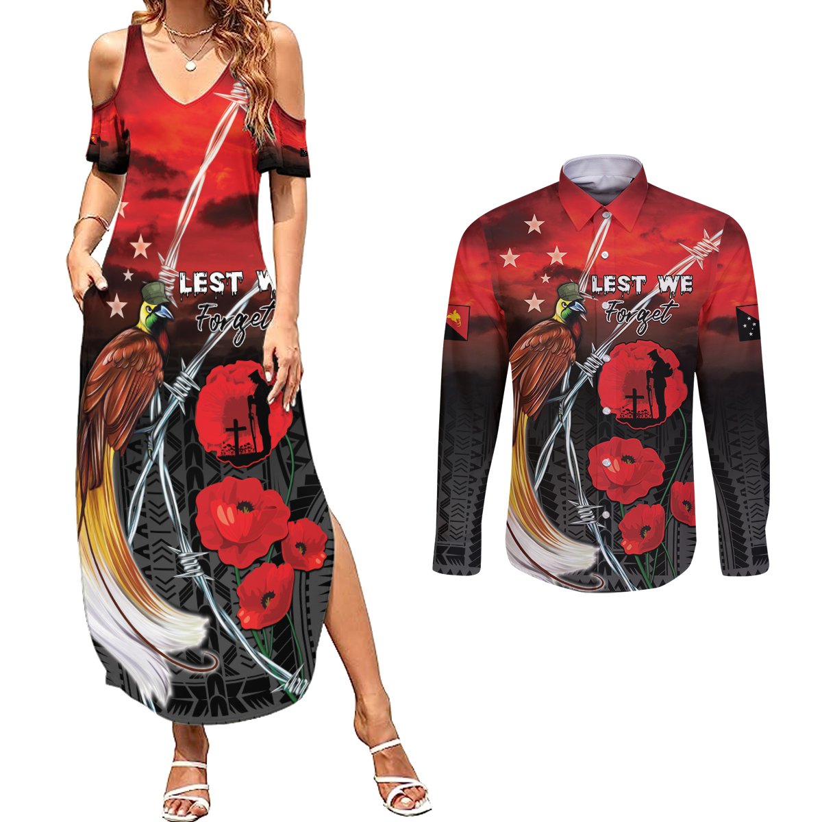 Papua New Guinea Remembrance Day Couples Matching Summer Maxi Dress and Long Sleeve Button Shirt Lest We Forget LT05 Red - Polynesian Pride