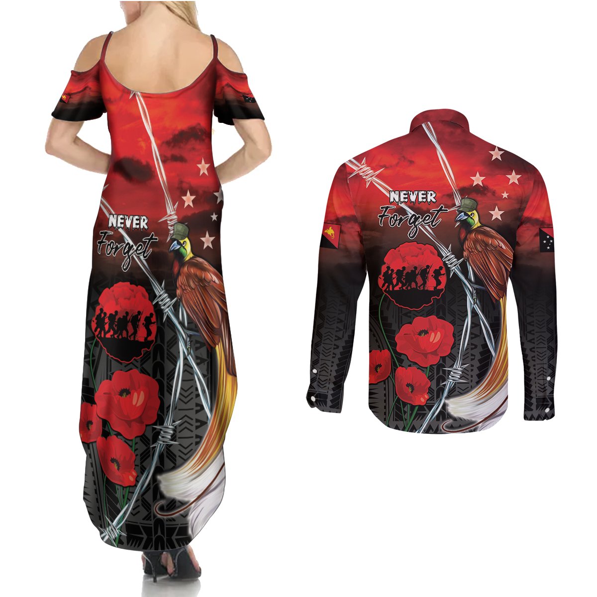 Papua New Guinea Remembrance Day Couples Matching Summer Maxi Dress and Long Sleeve Button Shirt Lest We Forget LT05 - Polynesian Pride