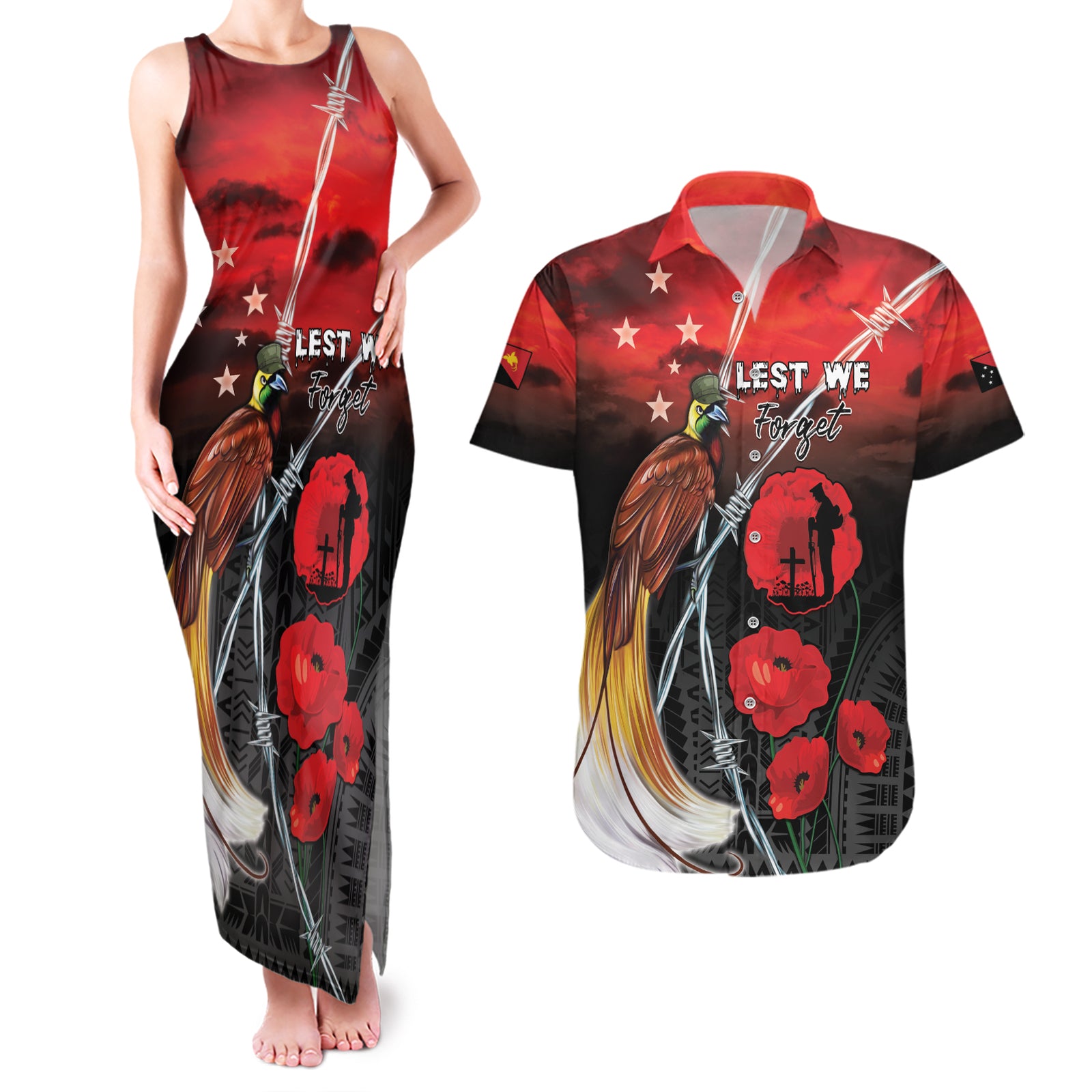 Papua New Guinea Remembrance Day Couples Matching Tank Maxi Dress and Hawaiian Shirt Lest We Forget LT05 Red - Polynesian Pride