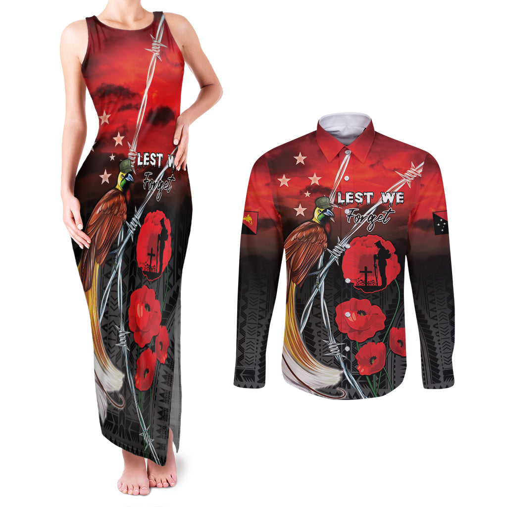 Papua New Guinea Remembrance Day Couples Matching Tank Maxi Dress and Long Sleeve Button Shirt Lest We Forget LT05 Red - Polynesian Pride