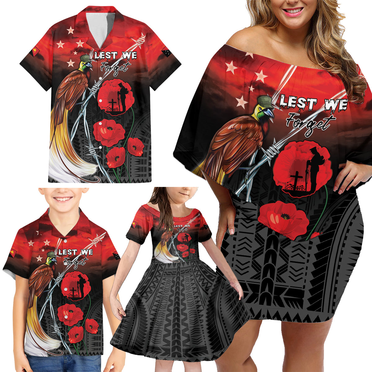 Papua New Guinea Remembrance Day Family Matching Off Shoulder Short Dress and Hawaiian Shirt Lest We Forget