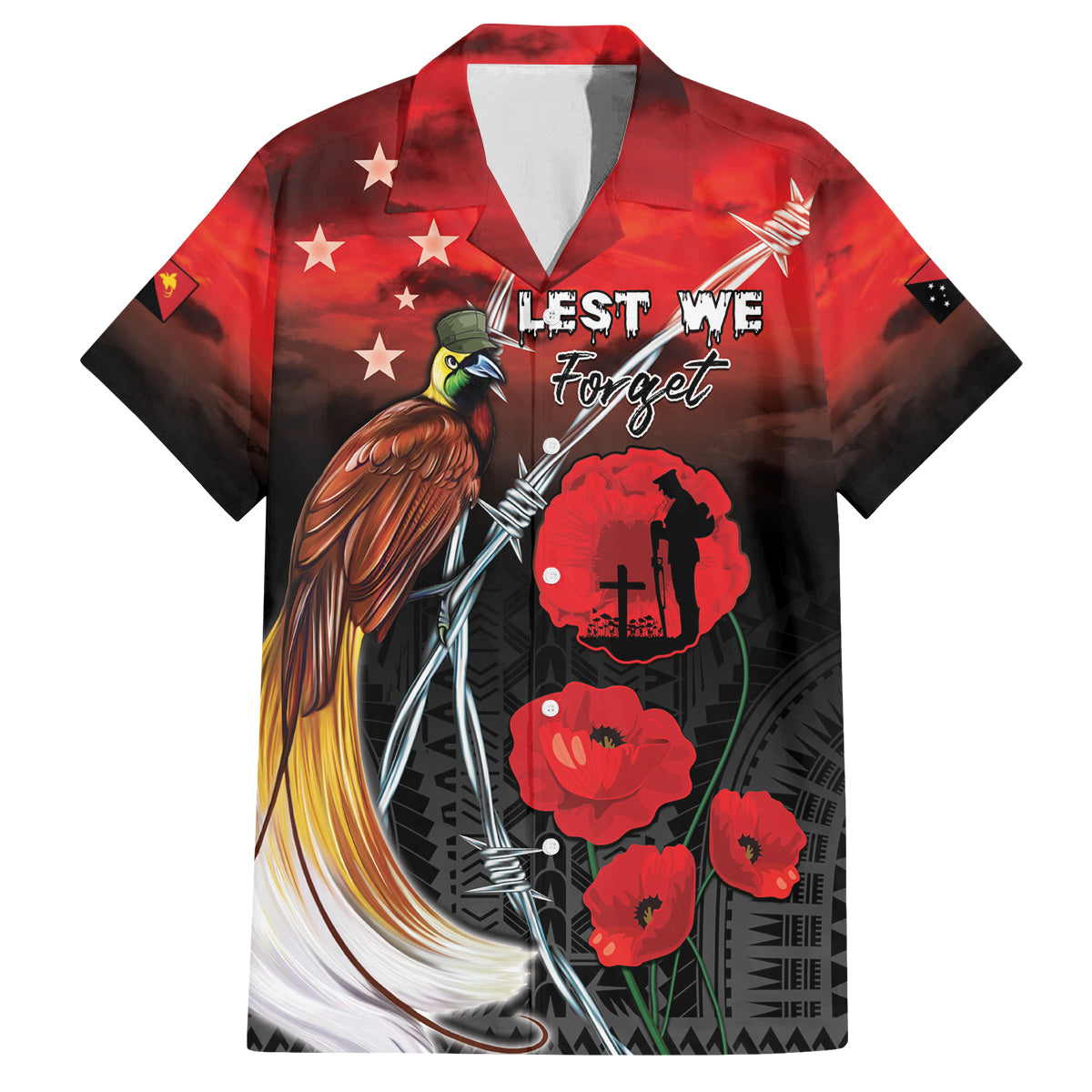 Papua New Guinea Remembrance Day Family Matching Puletasi and Hawaiian Shirt Lest We Forget LT05 Dad's Shirt - Short Sleeve Red - Polynesian Pride