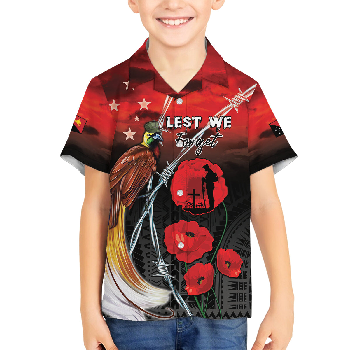 Papua New Guinea Remembrance Day Family Matching Puletasi and Hawaiian Shirt Lest We Forget LT05 Son's Shirt Red - Polynesian Pride