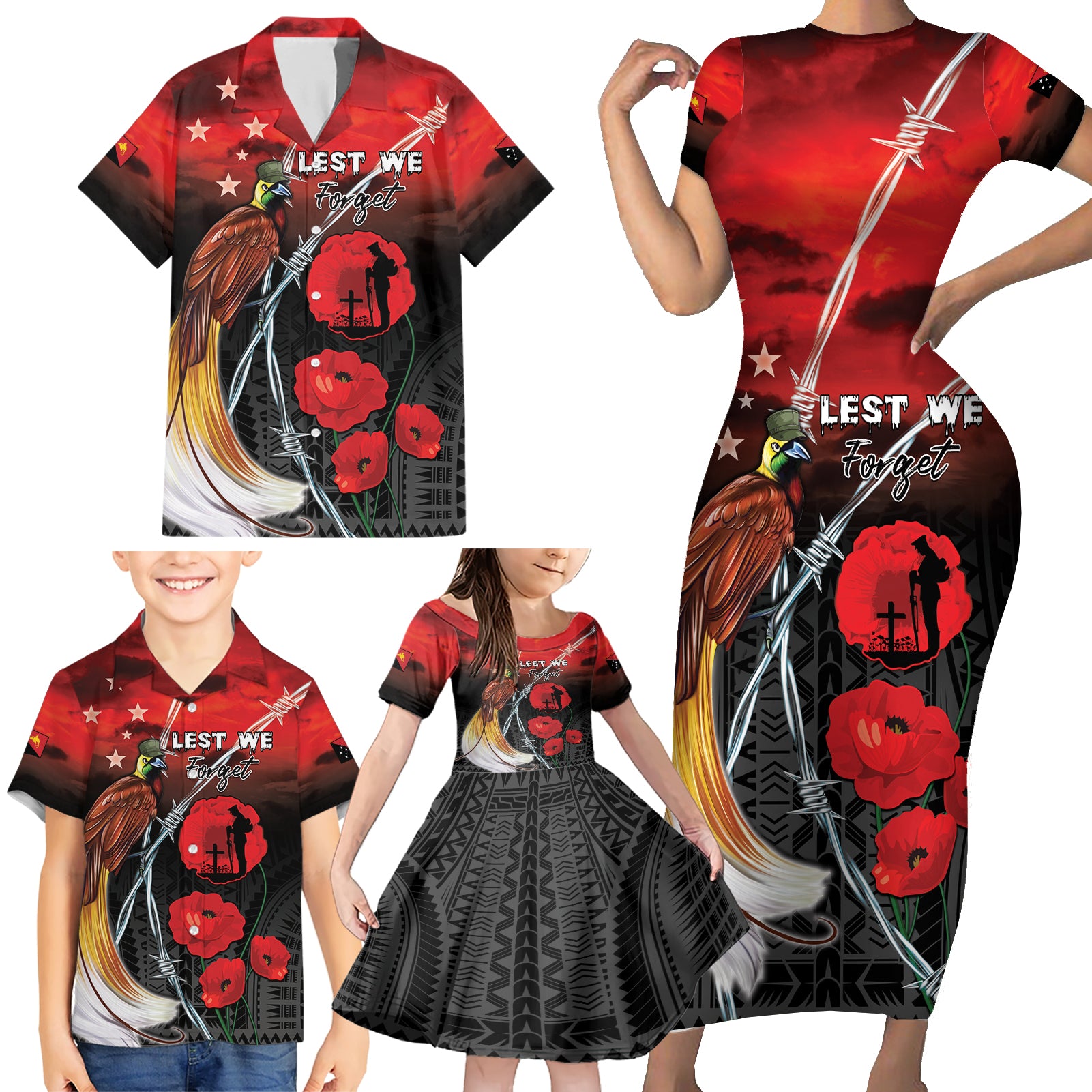 Papua New Guinea Remembrance Day Family Matching Short Sleeve Bodycon Dress and Hawaiian Shirt Lest We Forget