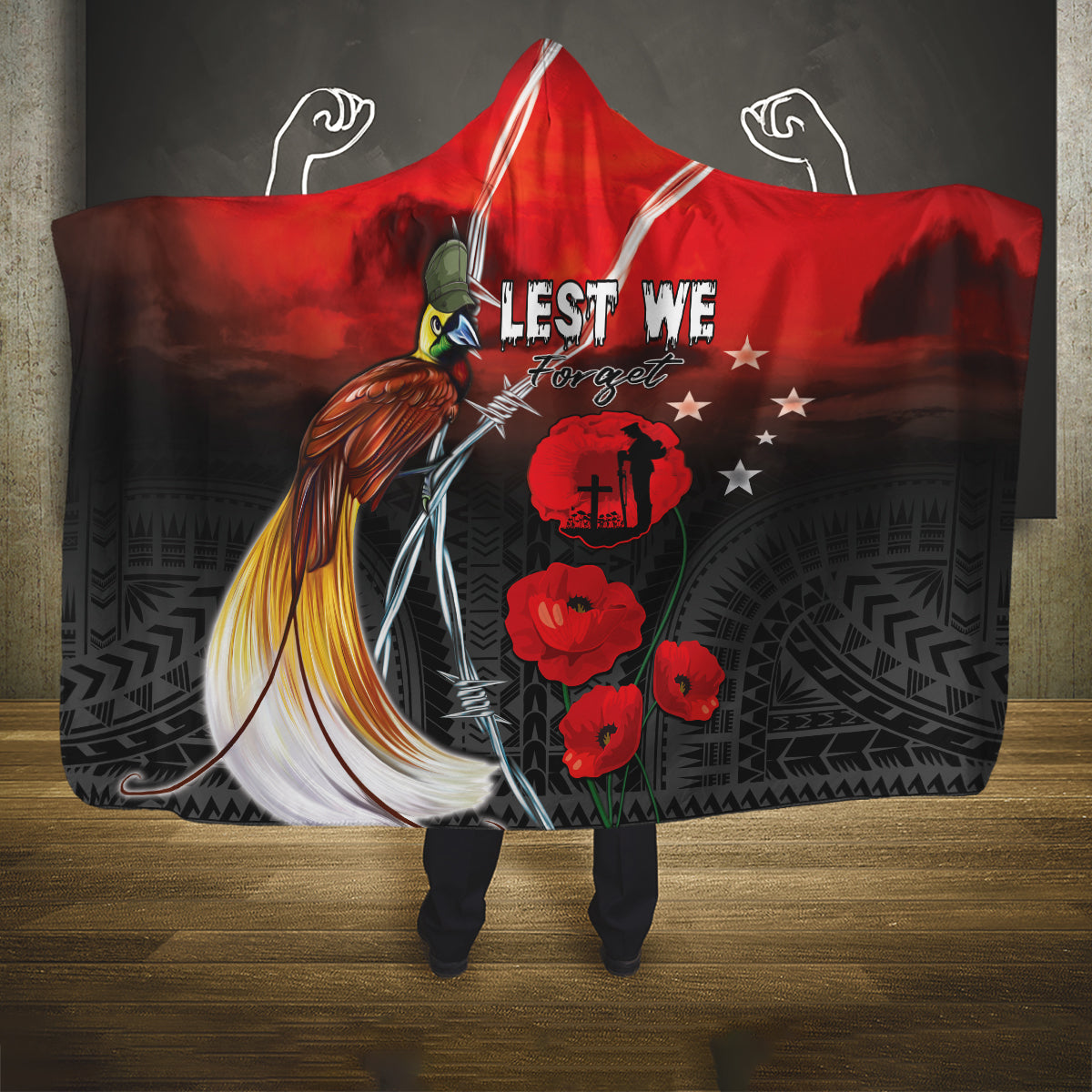 Papua New Guinea Remembrance Day Hooded Blanket Lest We Forget LT05 One Size Red - Polynesian Pride