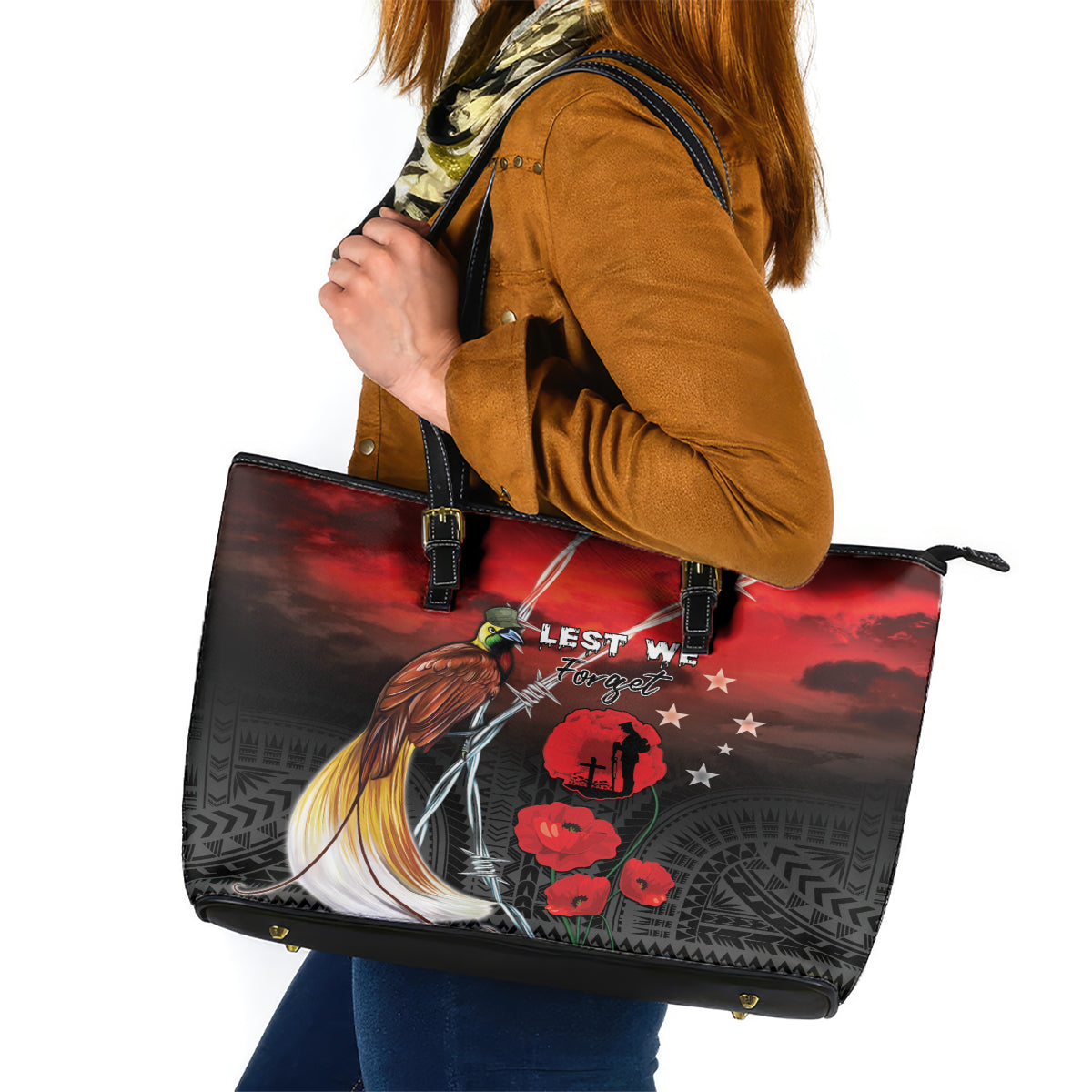 Papua New Guinea Remembrance Day Leather Tote Bag Lest We Forget LT05 Red - Polynesian Pride