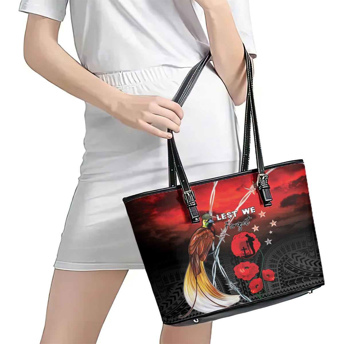 Papua New Guinea Remembrance Day Leather Tote Bag Lest We Forget LT05 - Polynesian Pride