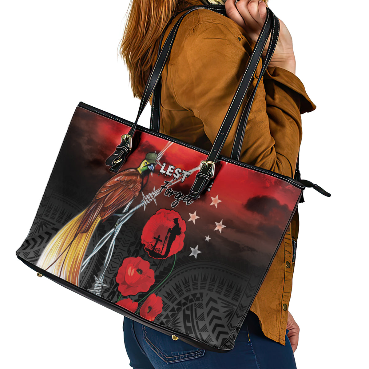 Papua New Guinea Remembrance Day Leather Tote Bag Lest We Forget LT05 - Polynesian Pride
