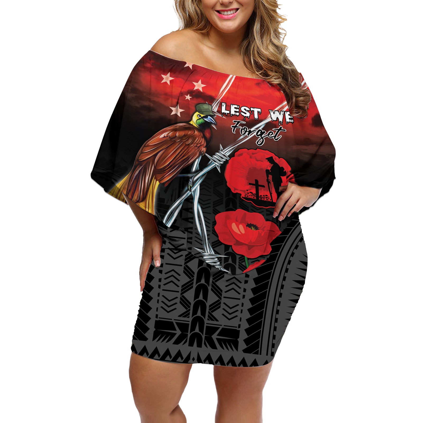 Papua New Guinea Remembrance Day Off Shoulder Short Dress Lest We Forget