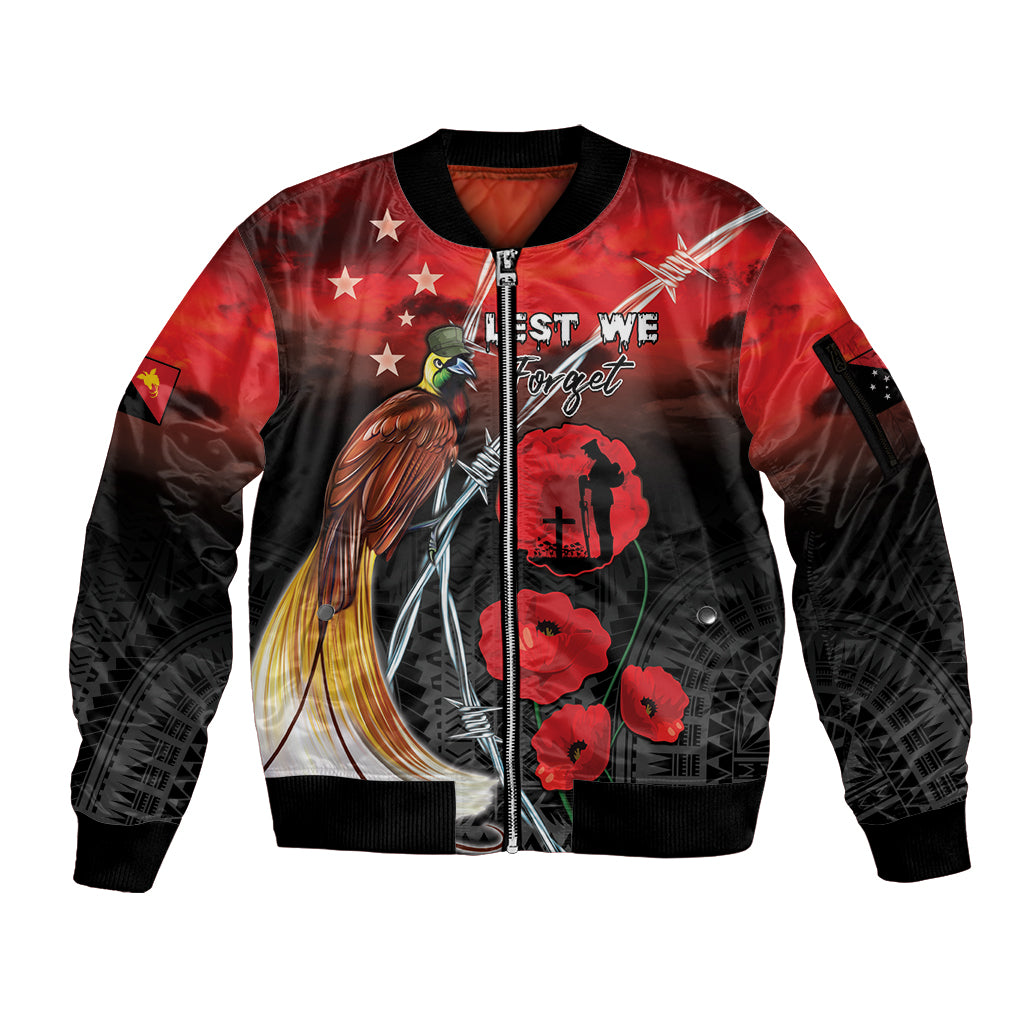 Papua New Guinea Remembrance Day Sleeve Zip Bomber Jacket Lest We Forget LT05 Unisex Red - Polynesian Pride