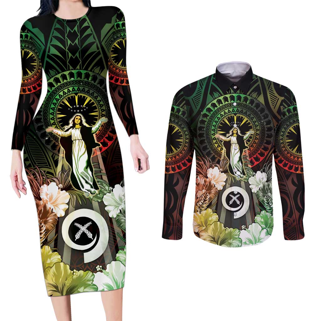 Vanuatu Happy Assumption Day Couples Matching Long Sleeve Bodycon Dress and Long Sleeve Button Shirt LT05 Reggae - Polynesian Pride