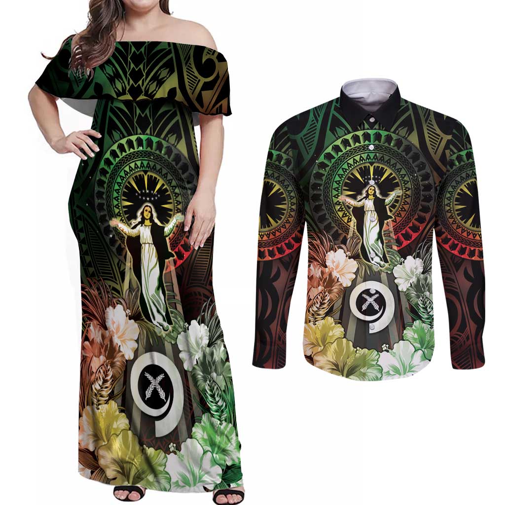 Vanuatu Happy Assumption Day Couples Matching Off Shoulder Maxi Dress and Long Sleeve Button Shirt LT05 Reggae - Polynesian Pride