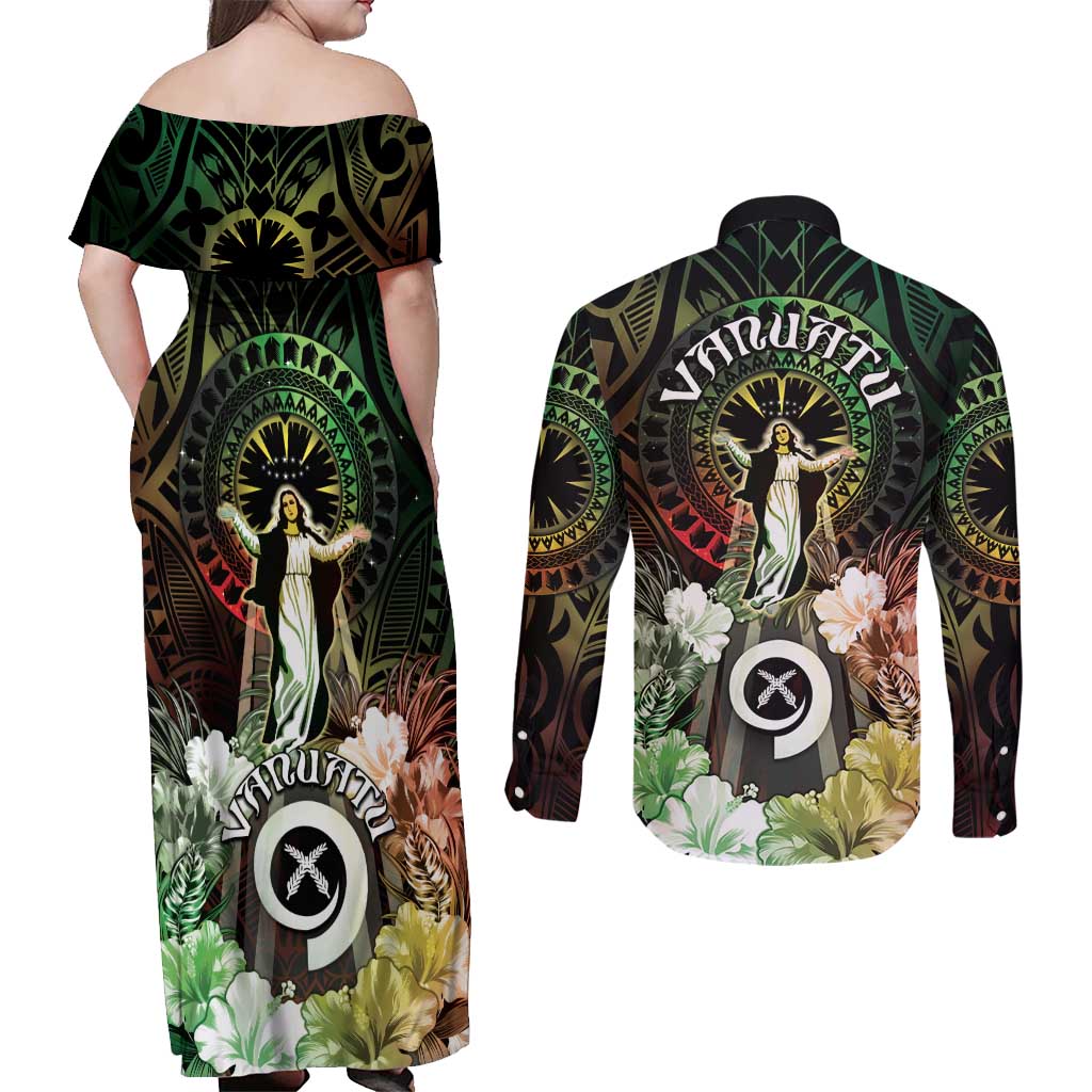 Vanuatu Happy Assumption Day Couples Matching Off Shoulder Maxi Dress and Long Sleeve Button Shirt LT05 - Polynesian Pride