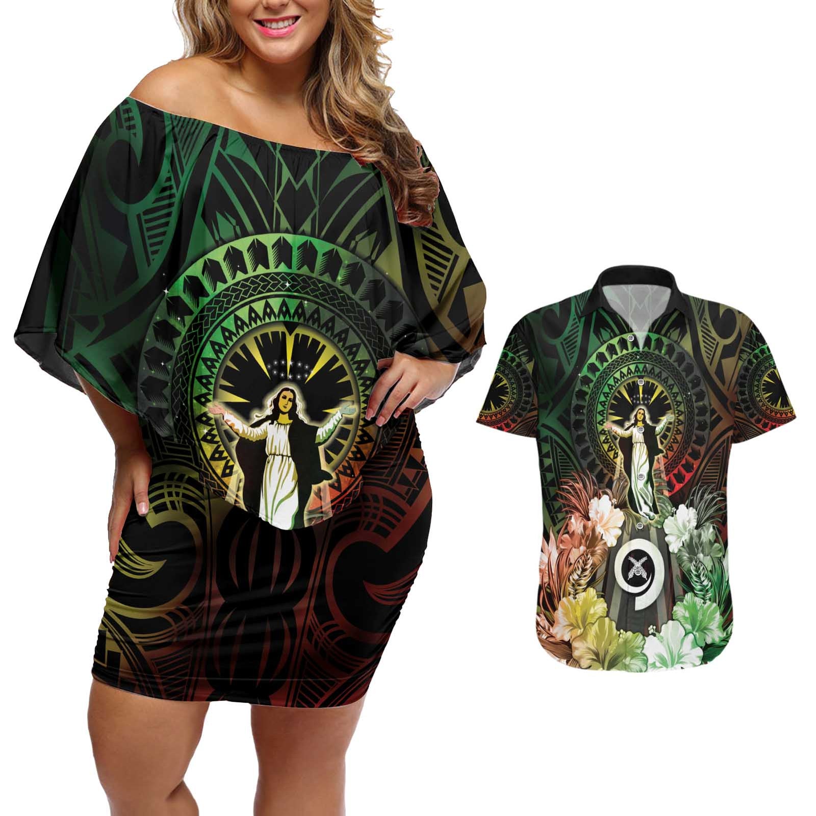 Vanuatu Happy Assumption Day Couples Matching Off Shoulder Short Dress and Hawaiian Shirt LT05 Reggae - Polynesian Pride