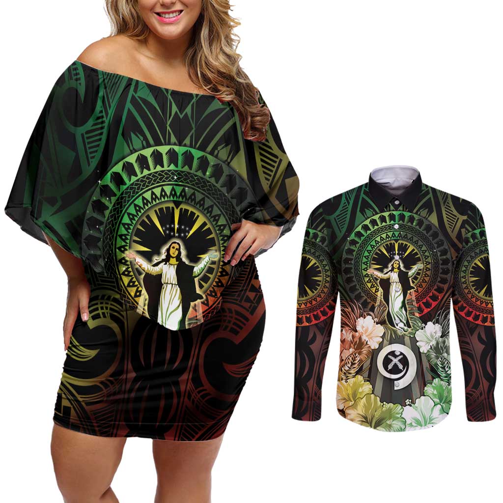 Vanuatu Happy Assumption Day Couples Matching Off Shoulder Short Dress and Long Sleeve Button Shirt LT05 Reggae - Polynesian Pride