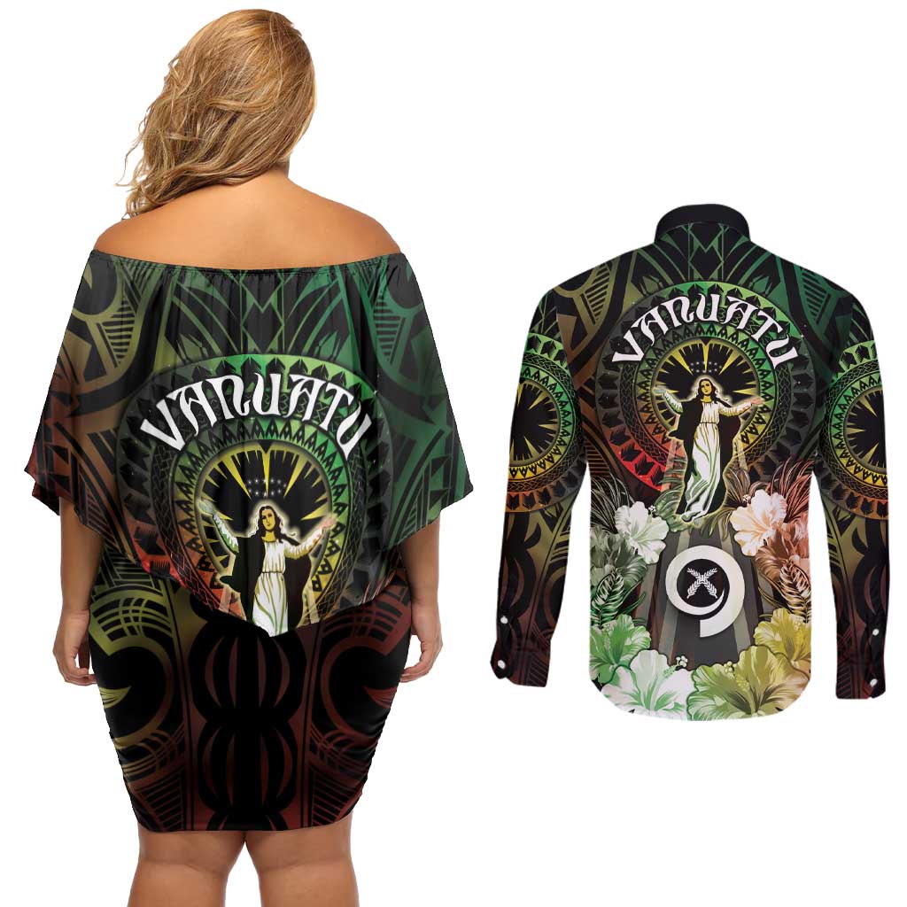 Vanuatu Happy Assumption Day Couples Matching Off Shoulder Short Dress and Long Sleeve Button Shirt LT05 - Polynesian Pride
