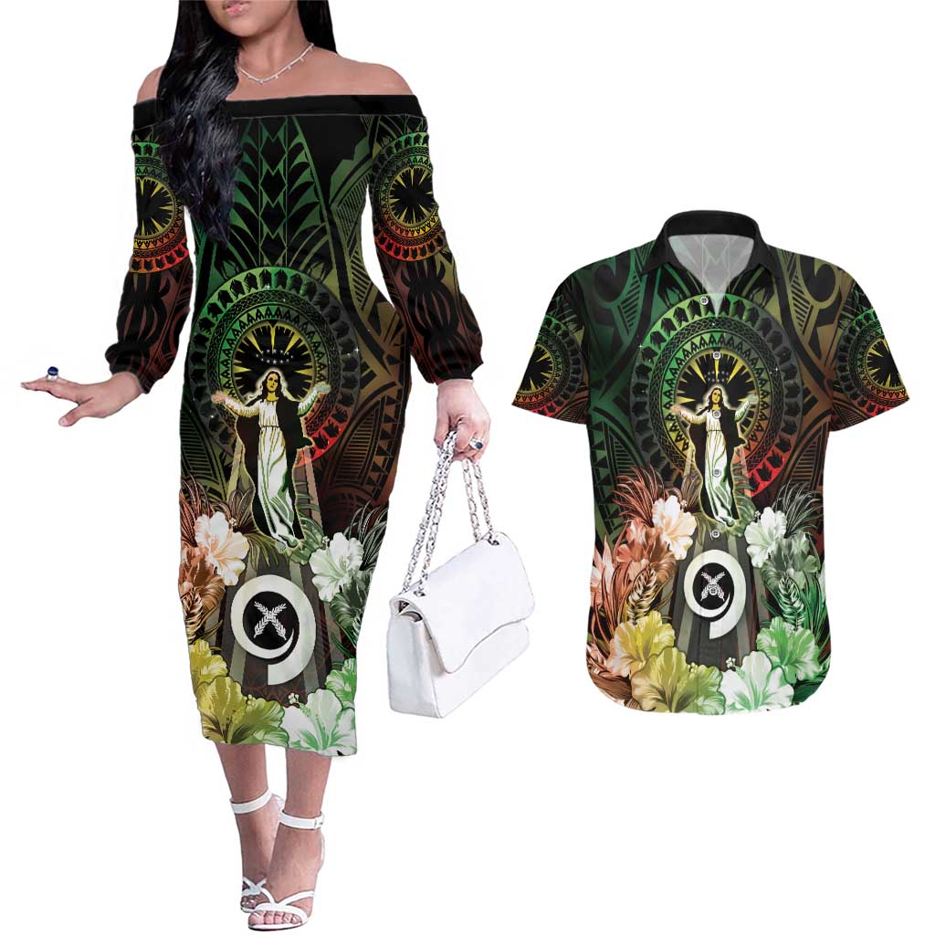Vanuatu Happy Assumption Day Couples Matching Off The Shoulder Long Sleeve Dress and Hawaiian Shirt LT05 Reggae - Polynesian Pride