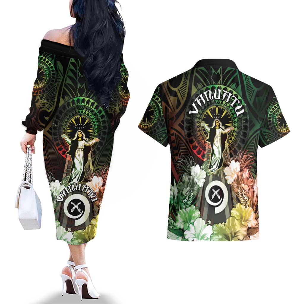 Vanuatu Happy Assumption Day Couples Matching Off The Shoulder Long Sleeve Dress and Hawaiian Shirt LT05 - Polynesian Pride