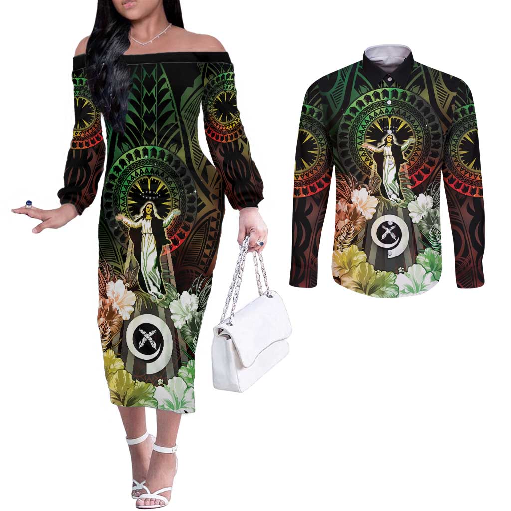 Vanuatu Happy Assumption Day Couples Matching Off The Shoulder Long Sleeve Dress and Long Sleeve Button Shirt LT05 Reggae - Polynesian Pride