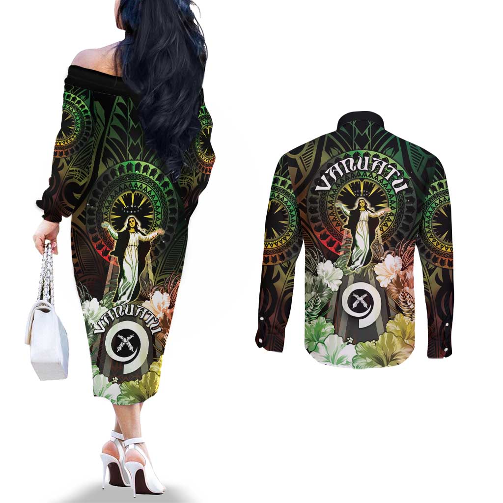 Vanuatu Happy Assumption Day Couples Matching Off The Shoulder Long Sleeve Dress and Long Sleeve Button Shirt LT05 - Polynesian Pride