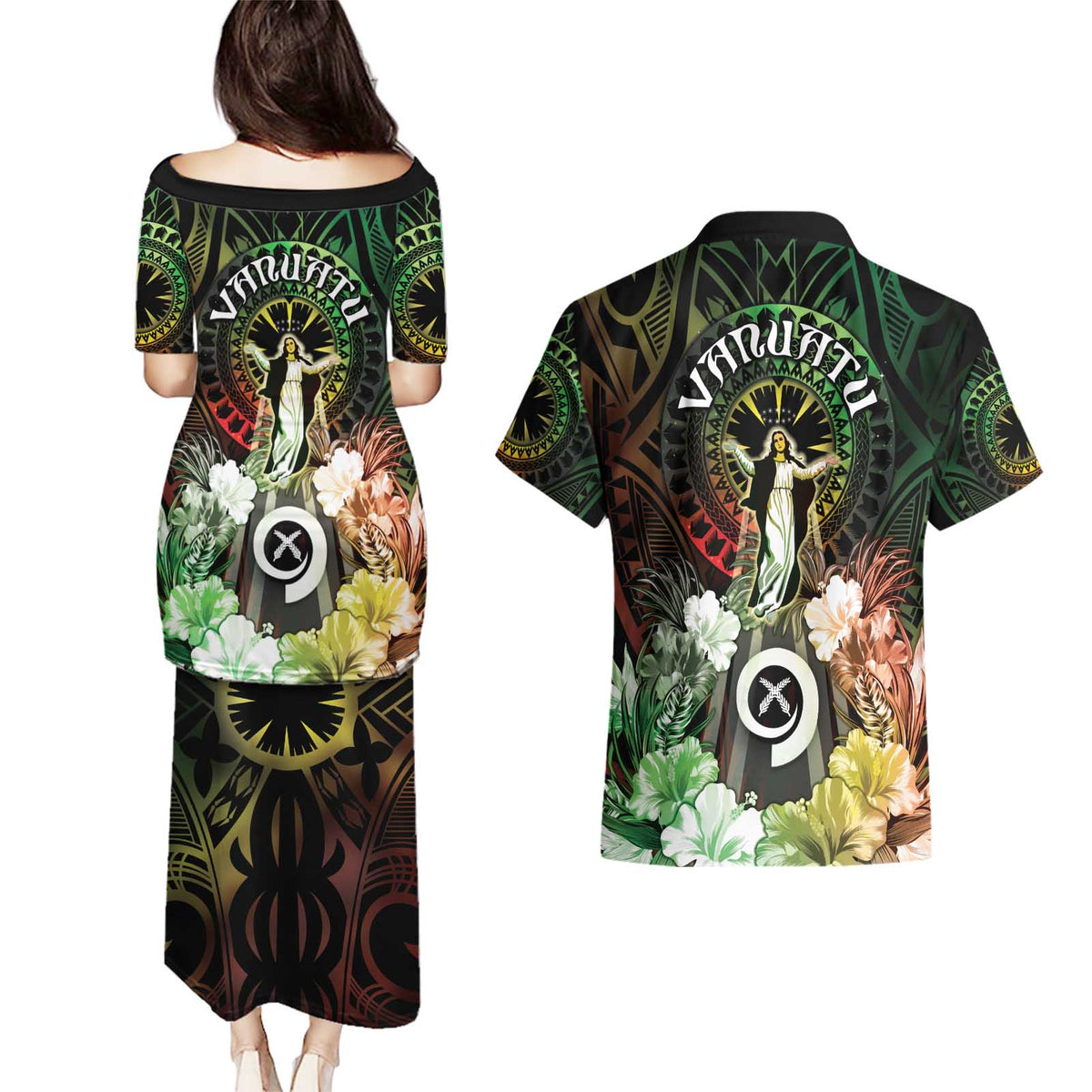 Vanuatu Happy Assumption Day Couples Matching Puletasi and Hawaiian Shirt LT05 - Polynesian Pride