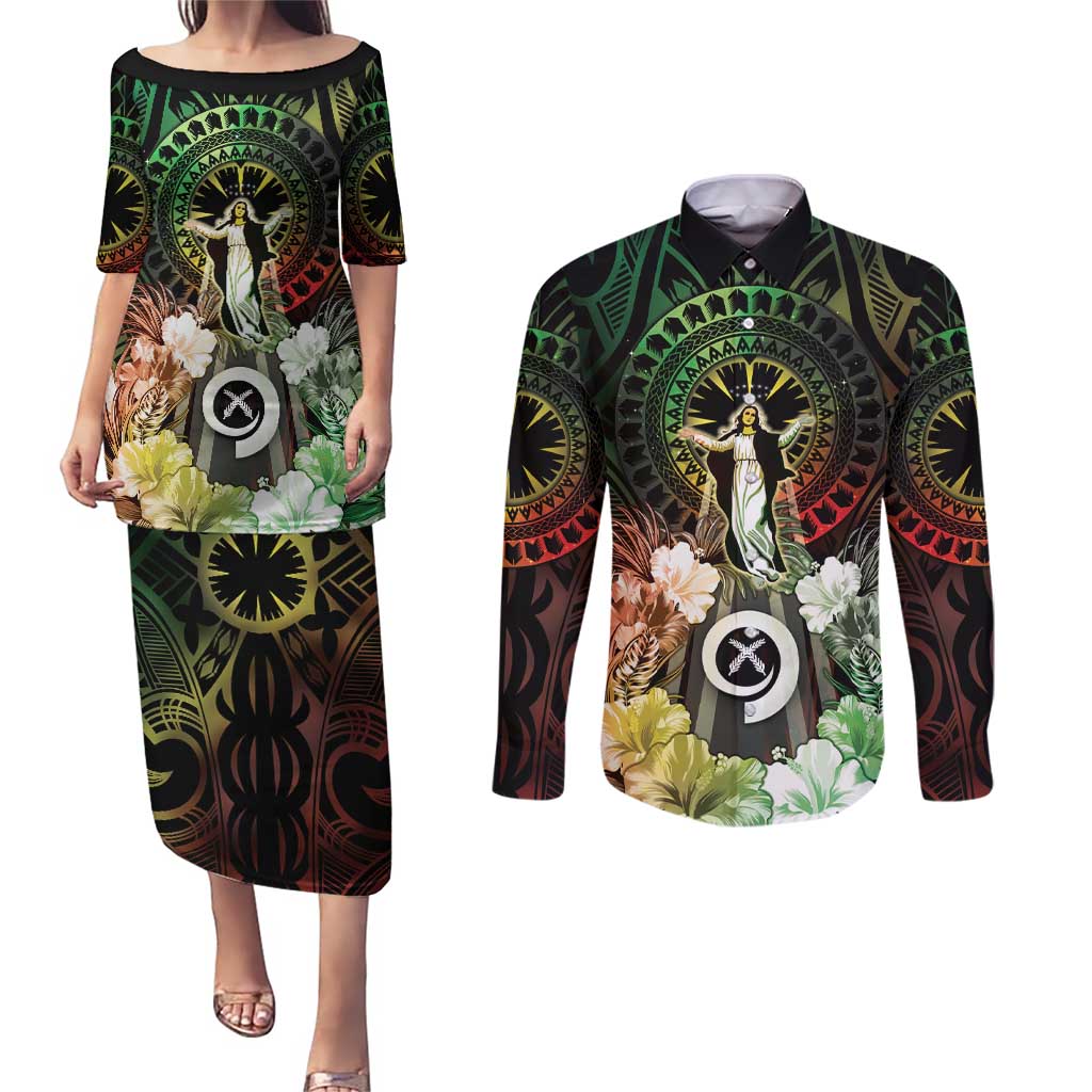 Vanuatu Happy Assumption Day Couples Matching Puletasi and Long Sleeve Button Shirt LT05 Reggae - Polynesian Pride
