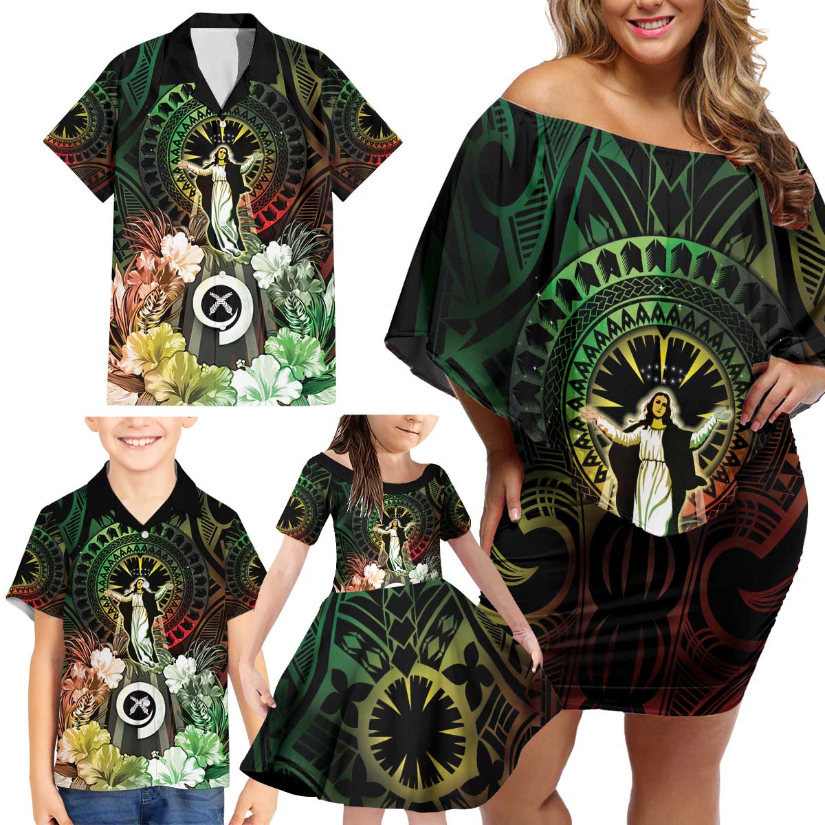 Vanuatu Happy Assumption Day Family Matching Off Shoulder Short Dress and Hawaiian Shirt LT05 - Polynesian Pride