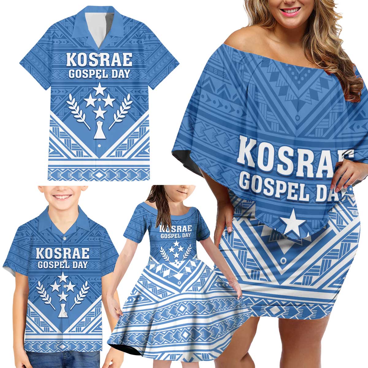 Personalised Kosrae State Gospel Day Family Matching Off Shoulder Short Dress and Hawaiian Shirt Simple Style