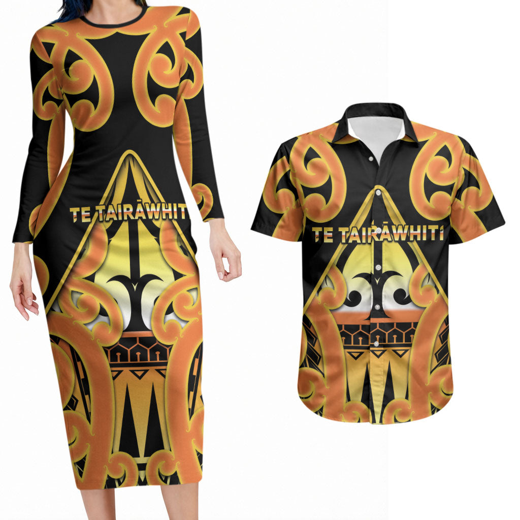 Personalised New Zealand Te Tairawhiti Couples Matching Long Sleeve Bodycon Dress and Hawaiian Shirt Maori Koru Pattern LT05 Orange - Polynesian Pride