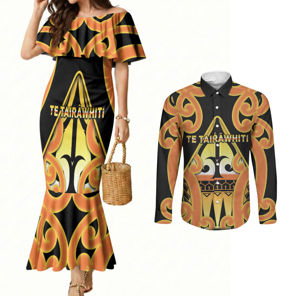 Personalised New Zealand Te Tairawhiti Couples Matching Mermaid Dress and Long Sleeve Button Shirt Maori Koru Pattern LT05 Orange - Polynesian Pride