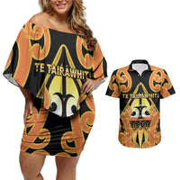 Personalised New Zealand Te Tairawhiti Couples Matching Off Shoulder Short Dress and Hawaiian Shirt Maori Koru Pattern LT05 Orange - Polynesian Pride