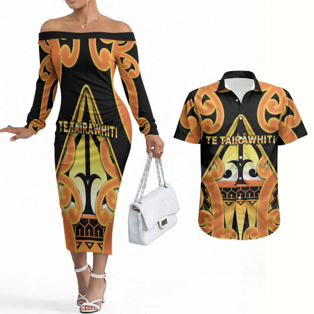 Personalised New Zealand Te Tairawhiti Couples Matching Off The Shoulder Long Sleeve Dress and Hawaiian Shirt Maori Koru Pattern LT05 Orange - Polynesian Pride