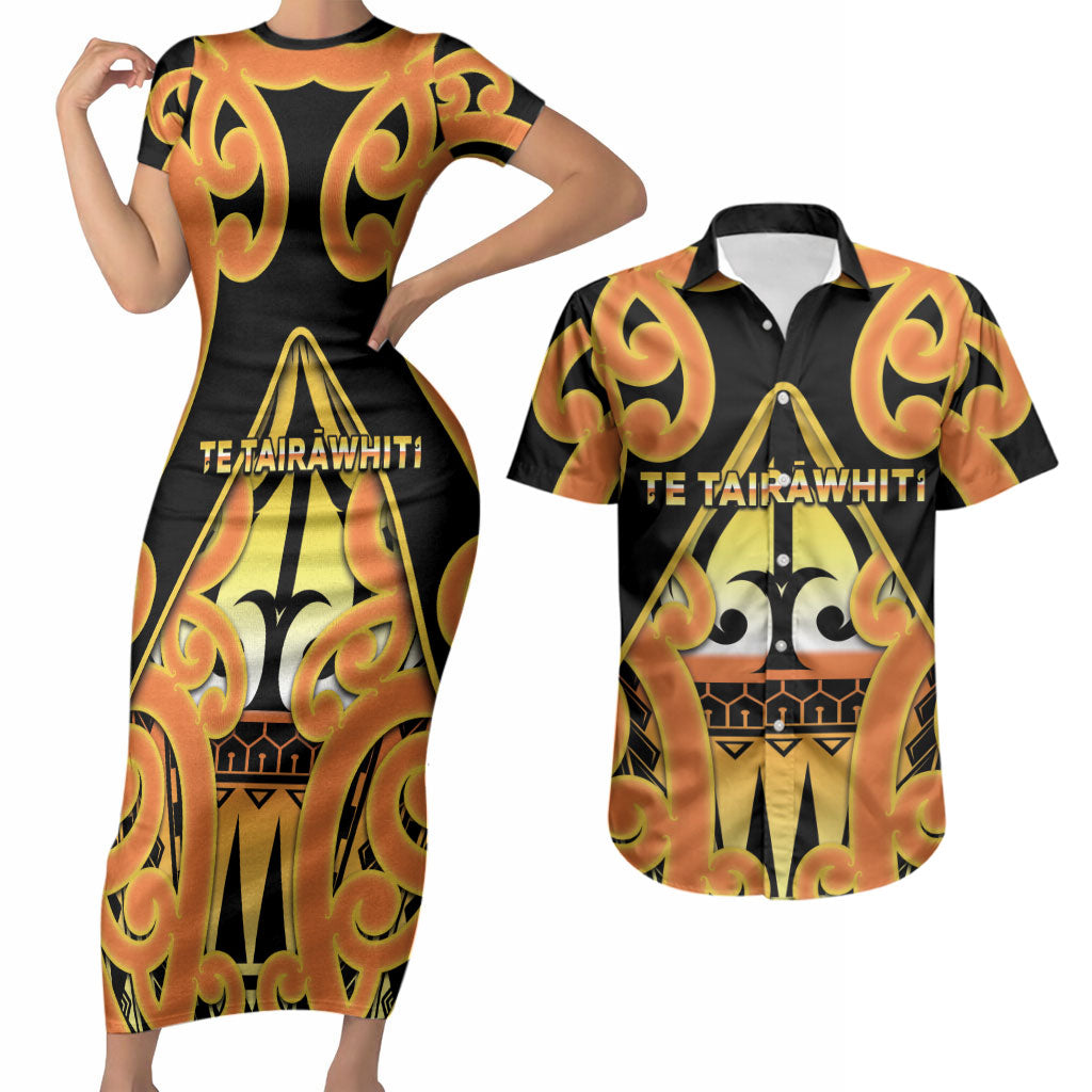 Personalised New Zealand Te Tairawhiti Couples Matching Short Sleeve Bodycon Dress and Hawaiian Shirt Maori Koru Pattern LT05 Orange - Polynesian Pride