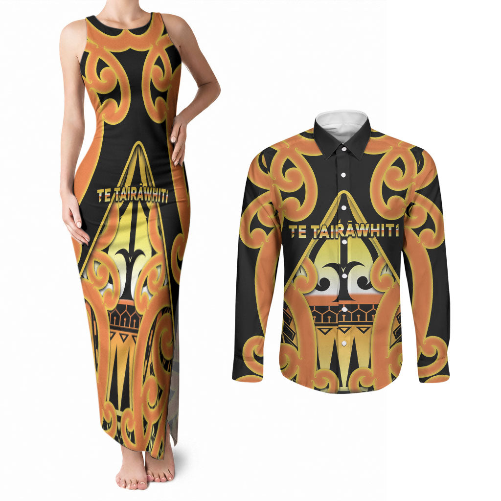Personalised New Zealand Te Tairawhiti Couples Matching Tank Maxi Dress and Long Sleeve Button Shirt Maori Koru Pattern LT05 Orange - Polynesian Pride